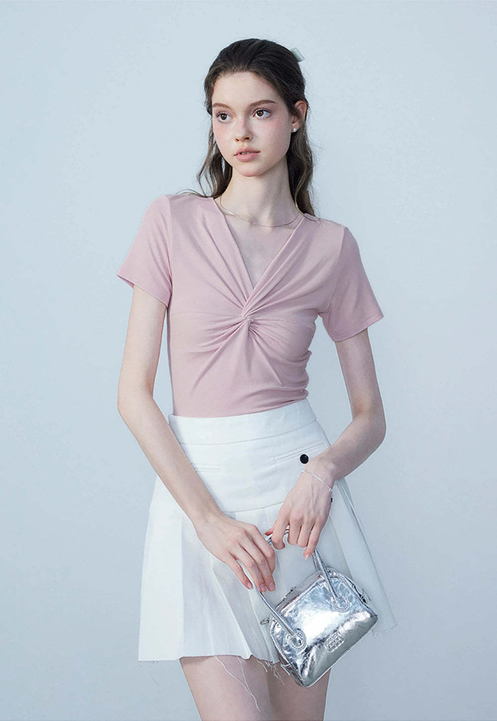 Elegant Women's V-Neck Slim Fit Knot T-Shirt - Flattering and Stylish