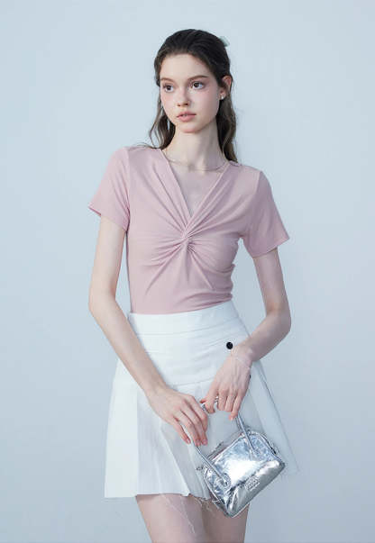 Elegant Women's V-Neck Slim Fit Knot T-Shirt - Flattering and Stylish