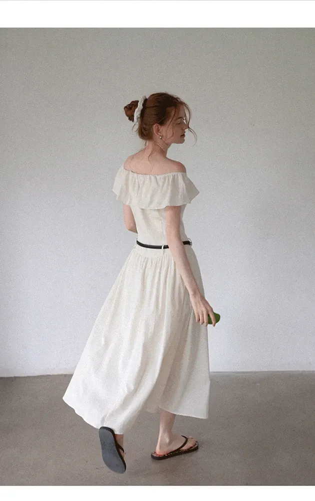Women’s Off-Shoulder Ruffle Belted Midi Dress