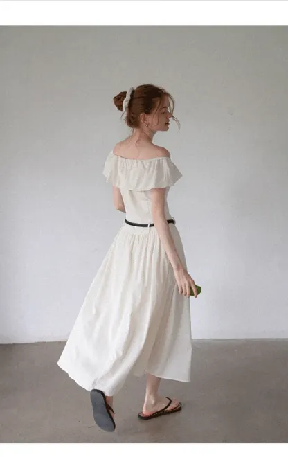 Women’s Off-Shoulder Ruffle Belted Midi Dress