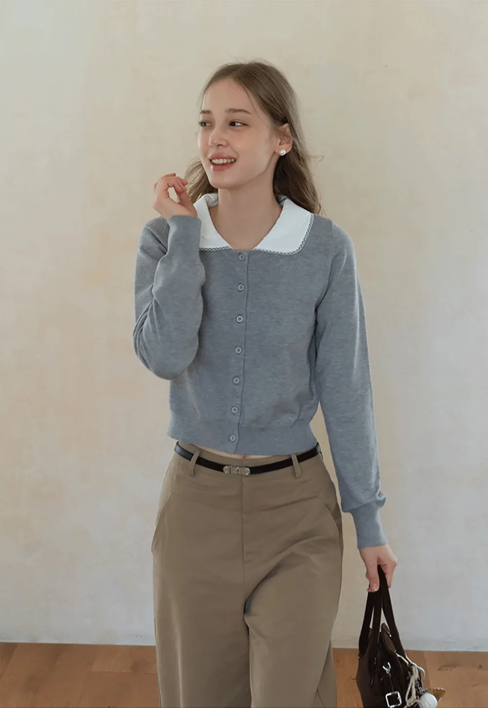 Womens Knit Cardigan with White Peter Pan Collar