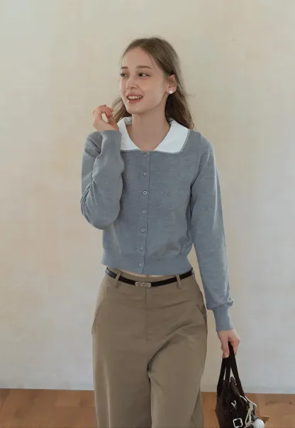 Womens Knit Cardigan with White Peter Pan Collar