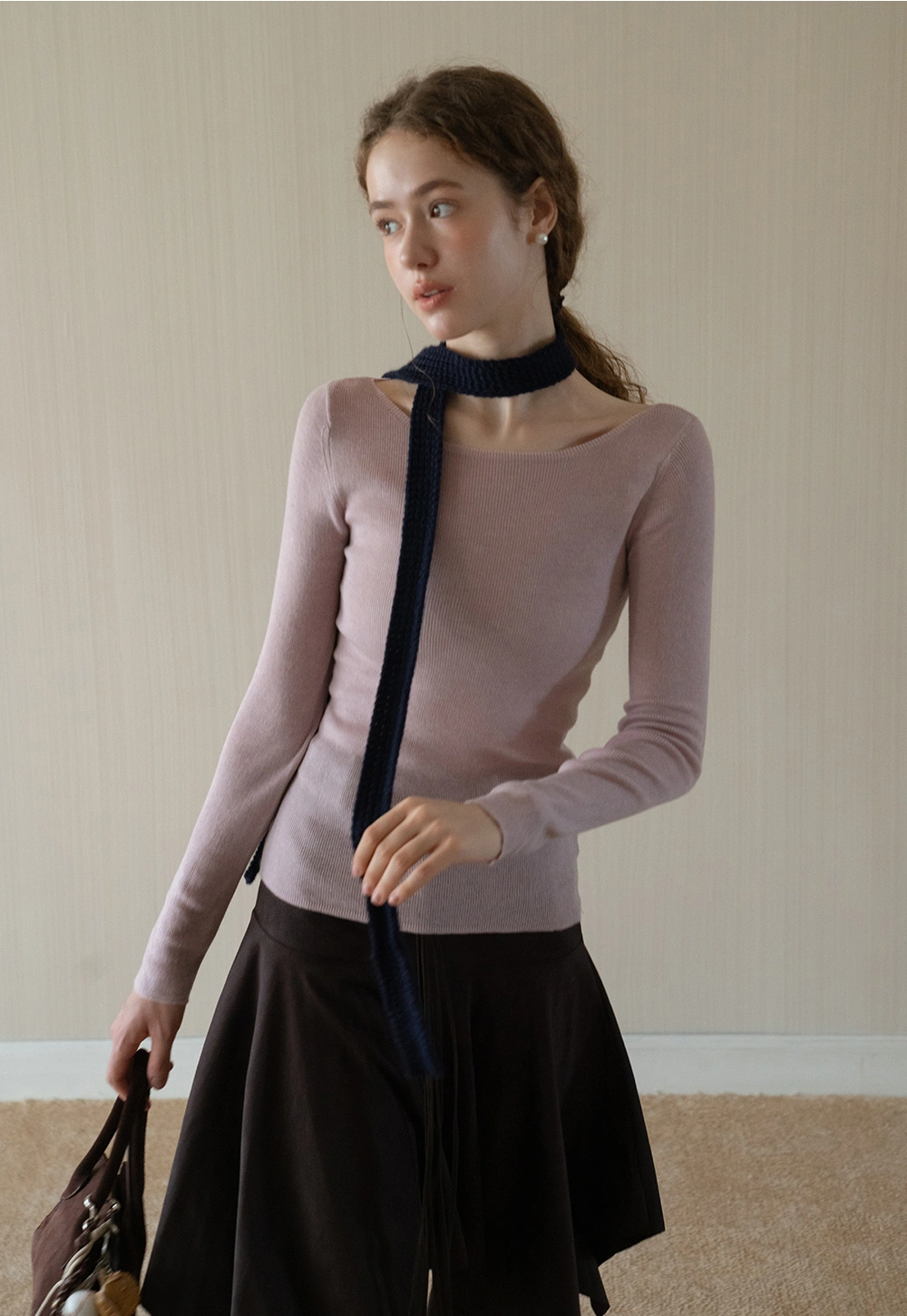 Womens Long Sleeve Knit Shirt with Tie Detail