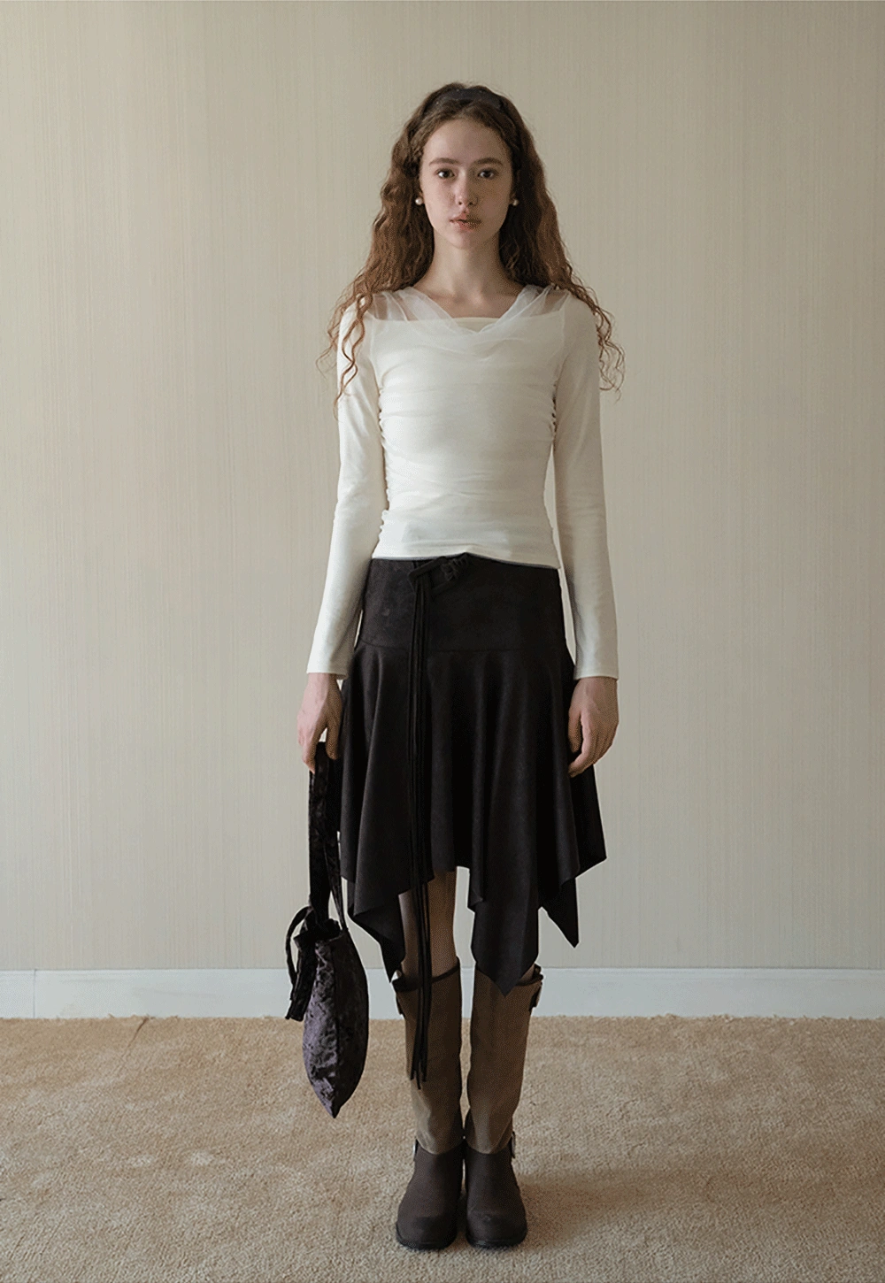 Women Mesh Patchwork Cowl Neck Top