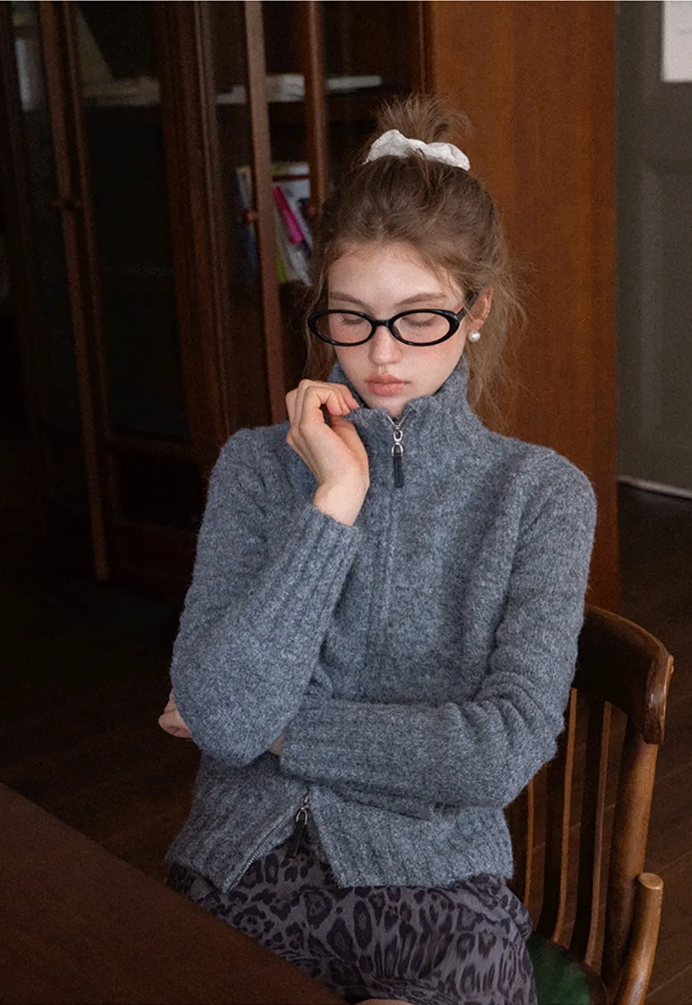 Women’s High Neck Zip Up Knit Cardigan