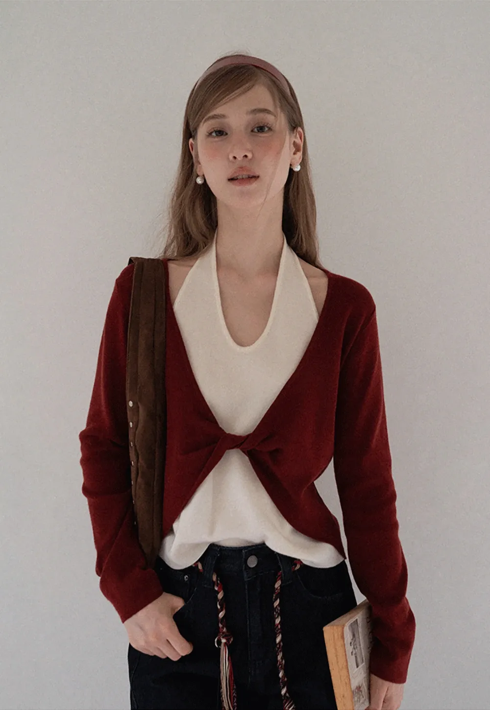 Women Casual Long Sleeve Halter Top with Twist Front Design