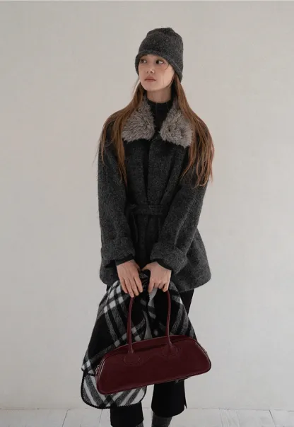 Women Cozy Faux Fur Lapel Wool Coat