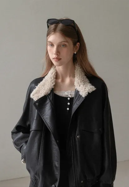 Faux Leather Jacket with Shearling Collar