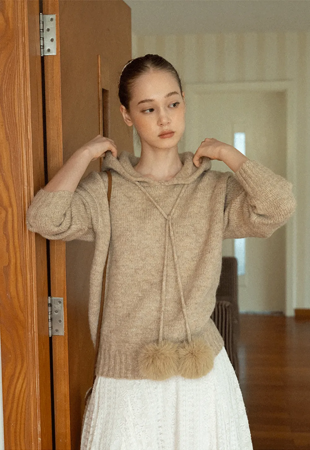 Pom-Pom Hooded Knit Sweater