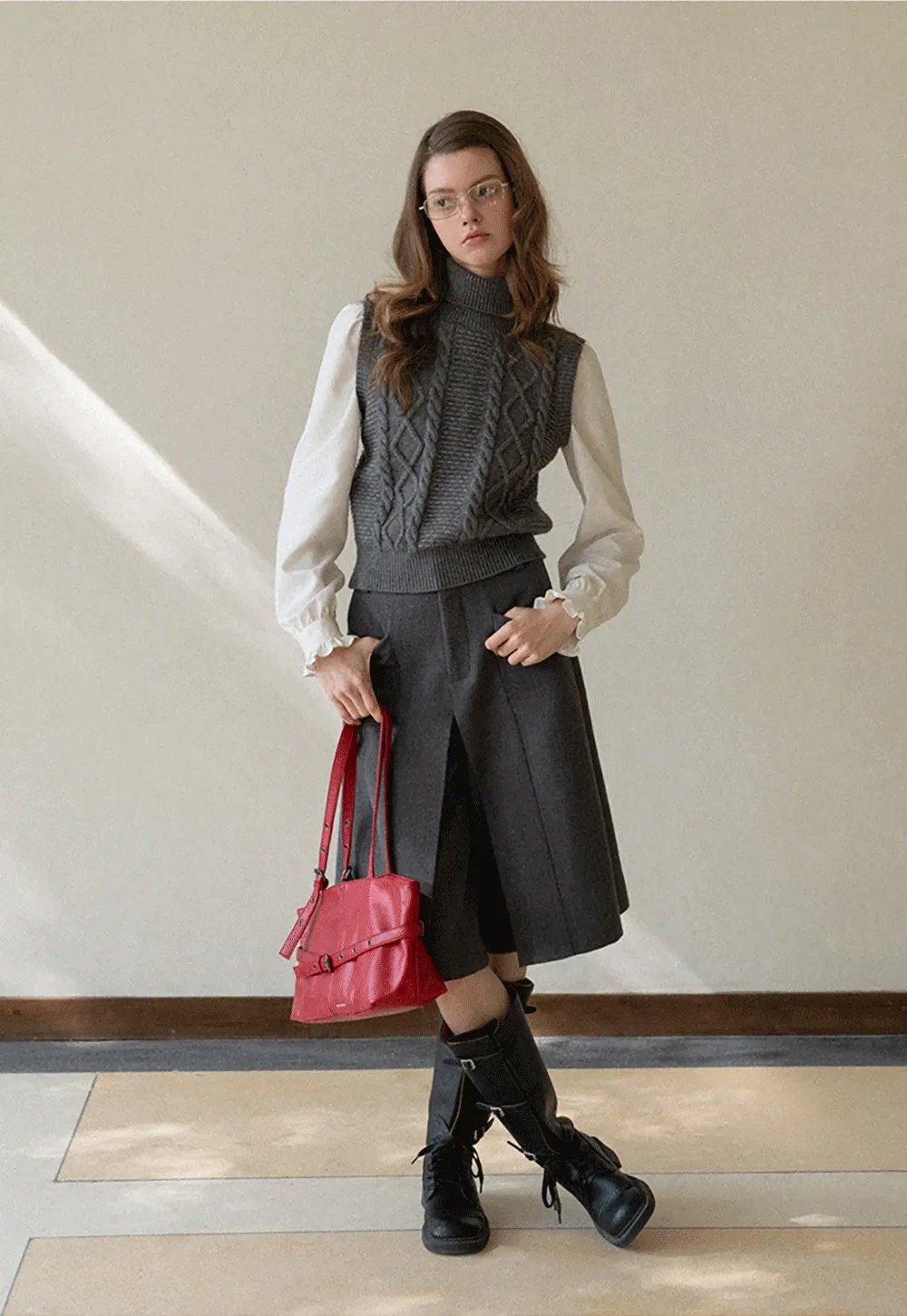 Cable Knit Sleeveless Turtleneck Sweater