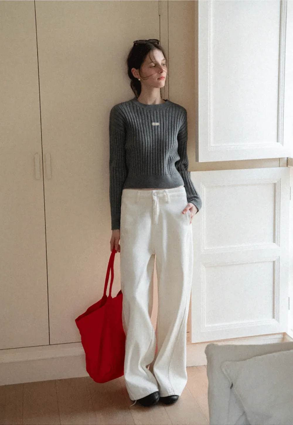 Ribbed Knit Cropped Sweater with Branding