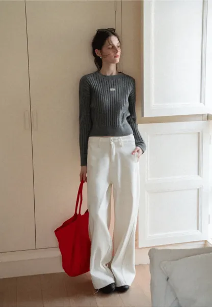 Ribbed Knit Cropped Sweater with Branding