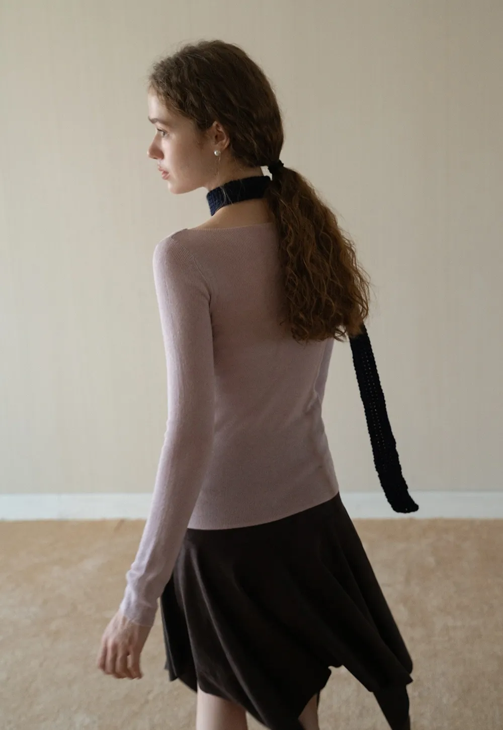 Womens Long Sleeve Knit Shirt with Tie Detail