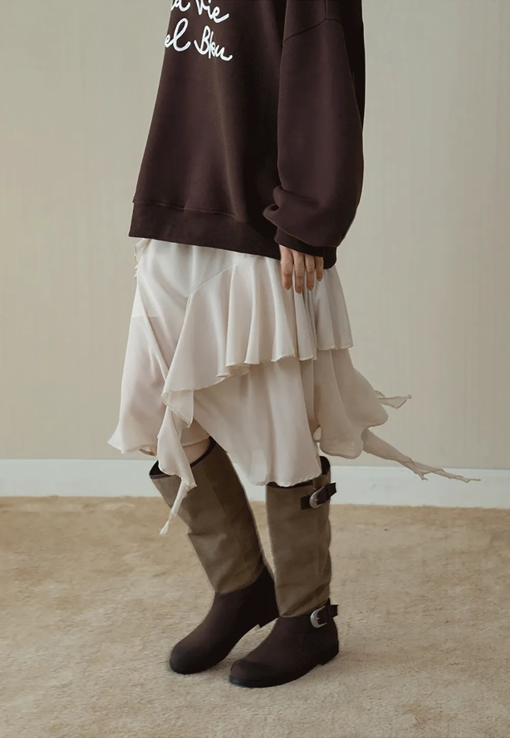 Womens Ruffle Layered Chiffon Midi Skirt