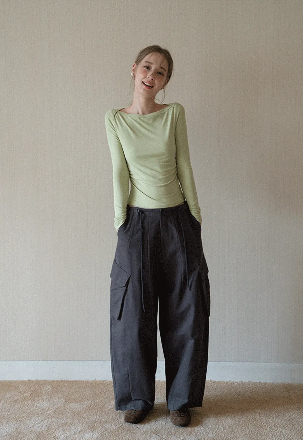 Women Boat Neck Ruched Long Sleeve T-Shirts