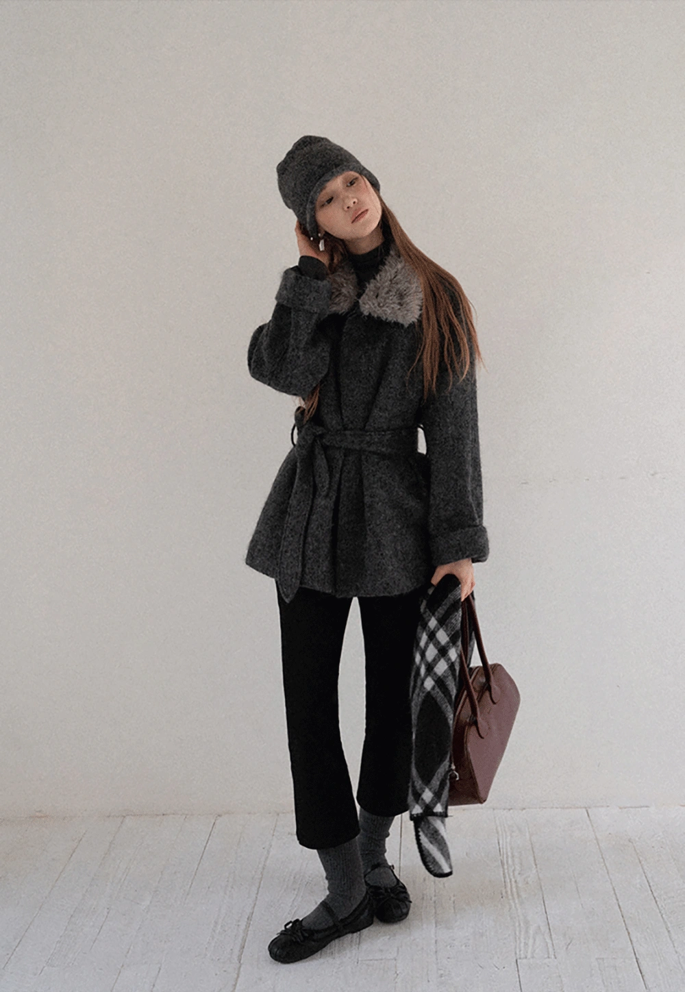 Women Cozy Faux Fur Lapel Wool Coat