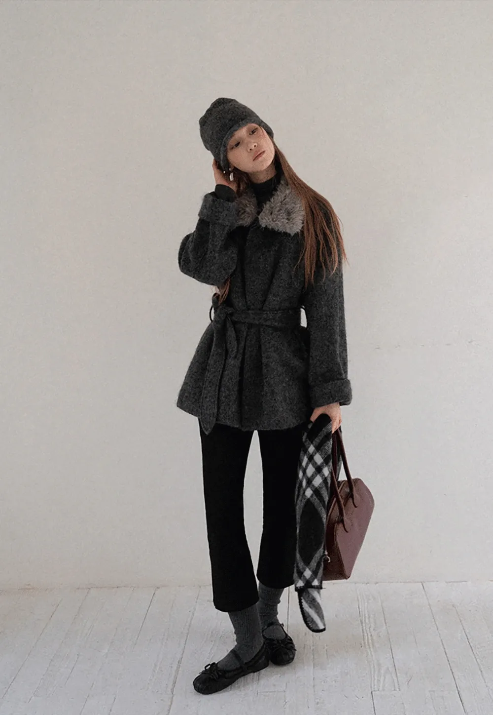 Women Cozy Faux Fur Lapel Wool Coat