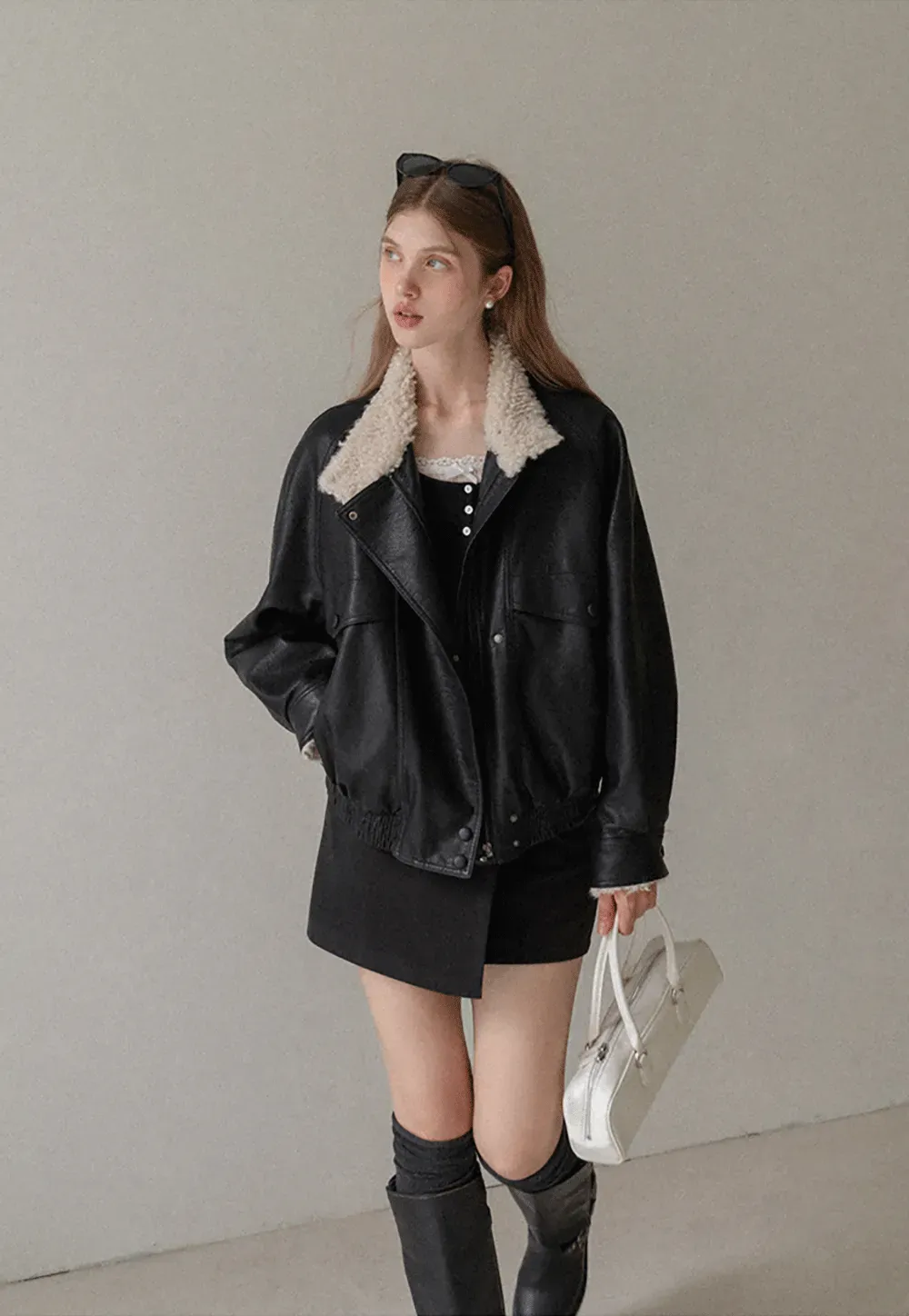 Faux Leather Jacket with Shearling Collar