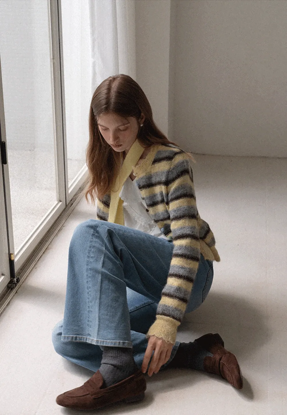 Women Ruffle Lace V Neck Long Sleeve Blouse