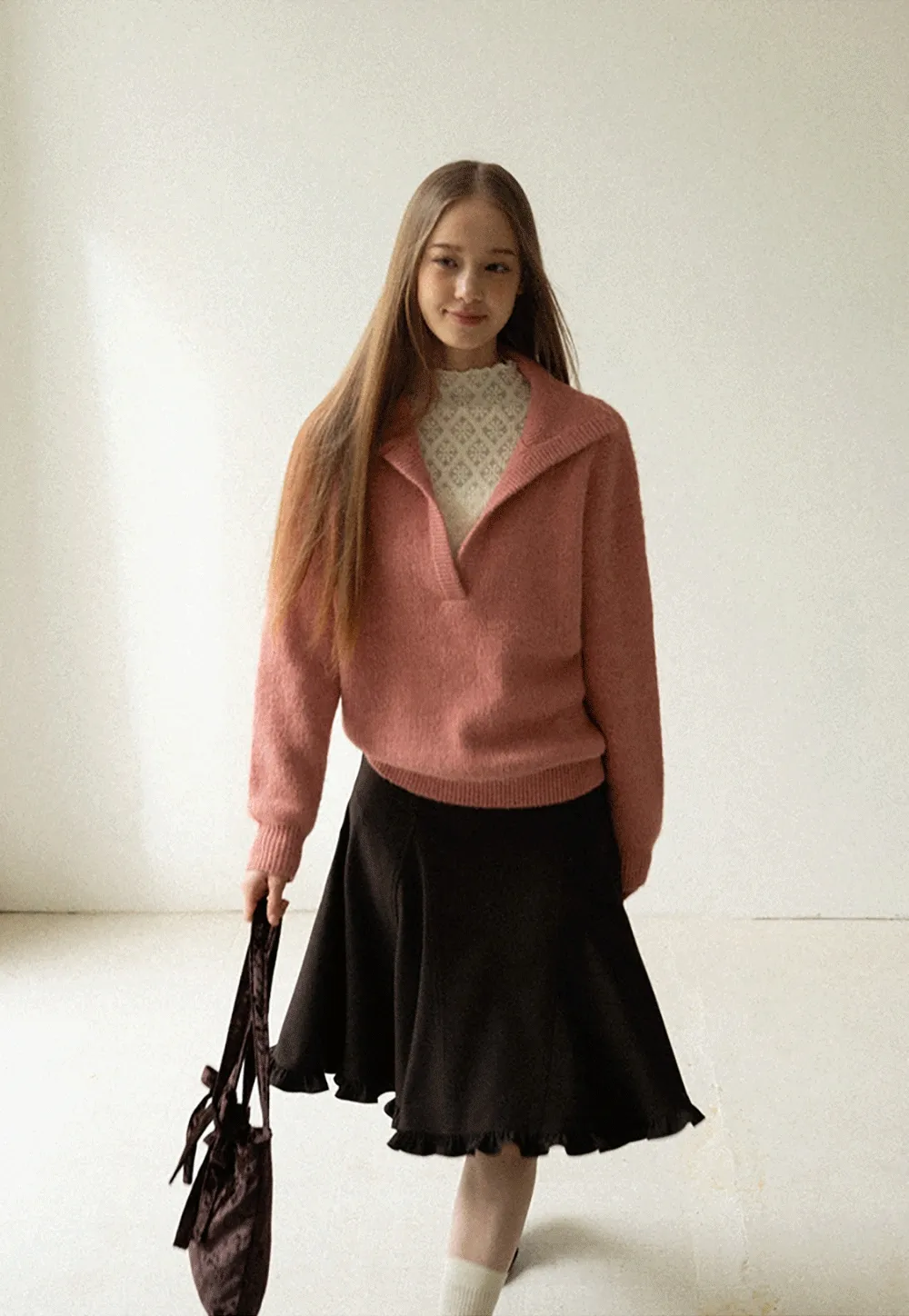 A-Line Brown Skirt with Ruffled Bottom for Women