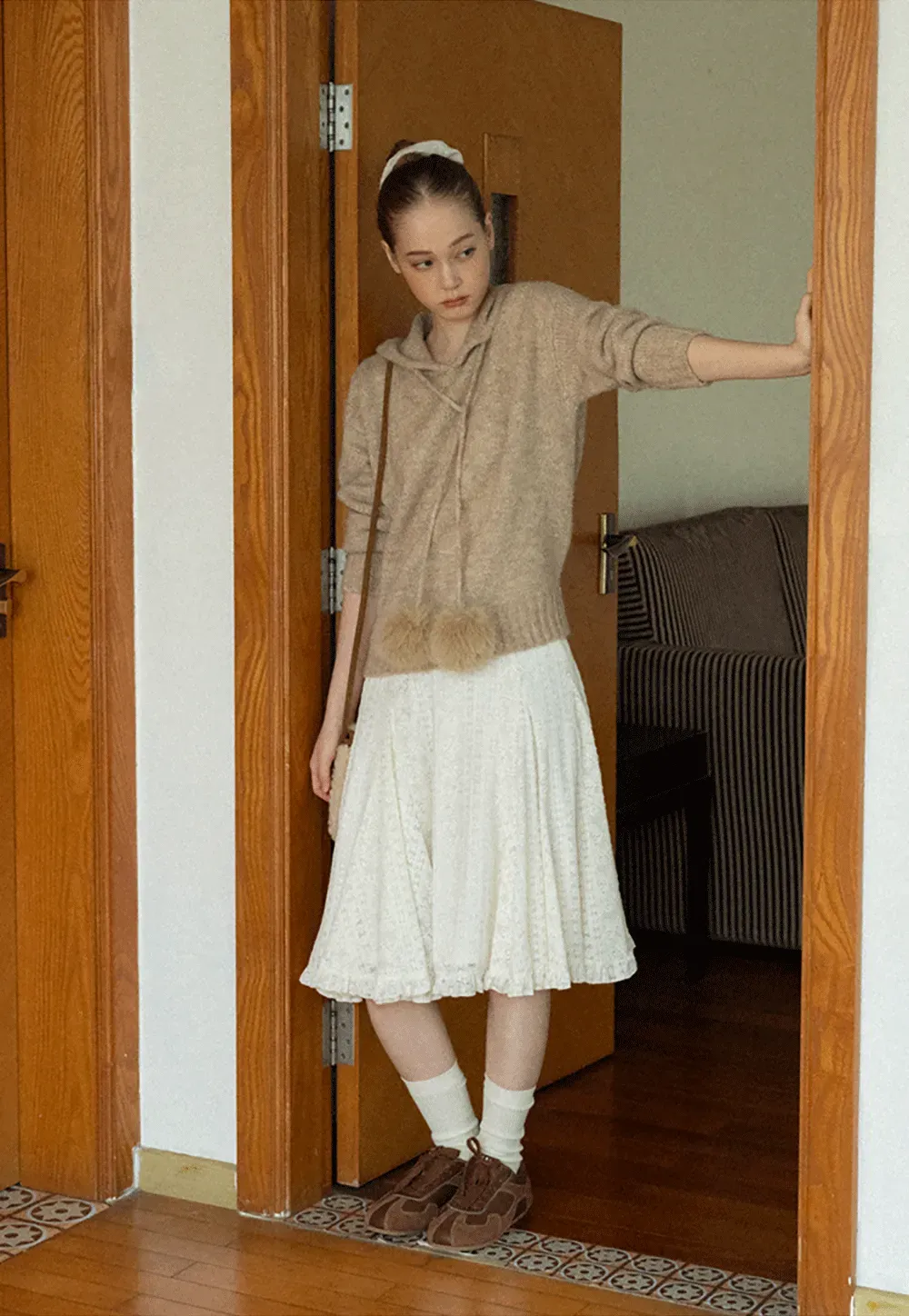 Pom-Pom Hooded Knit Sweater