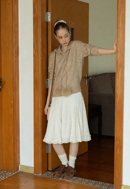 Pom-Pom Hooded Knit Sweater