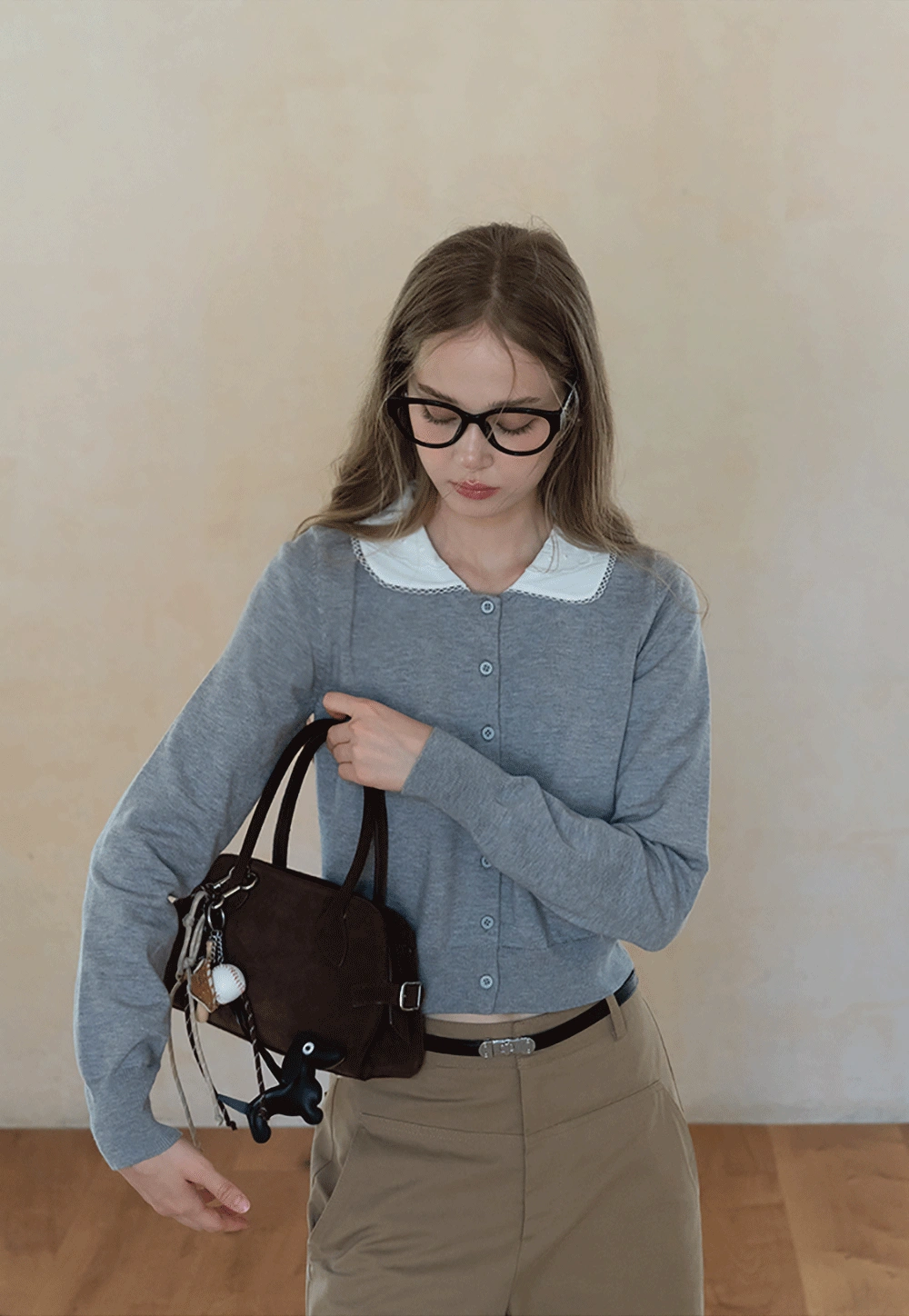 Womens Knit Cardigan with White Peter Pan Collar