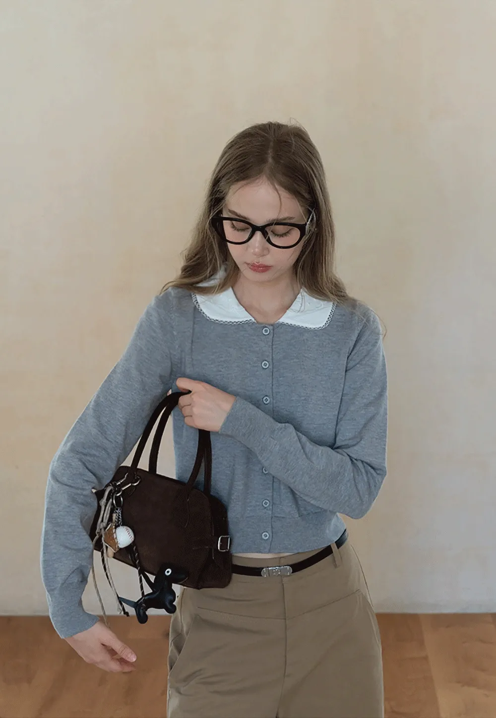 Womens Knit Cardigan with White Peter Pan Collar