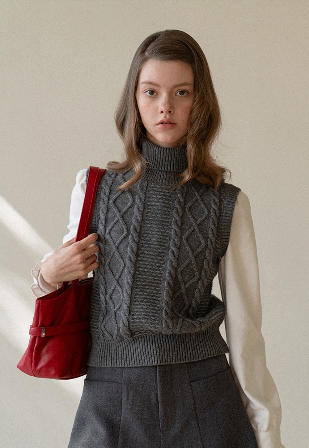 Cable Knit Sleeveless Turtleneck Sweater