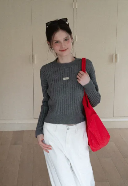 Ribbed Knit Cropped Sweater with Branding