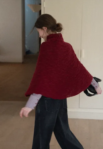 Soft Red Knitted Poncho with Turtleneck