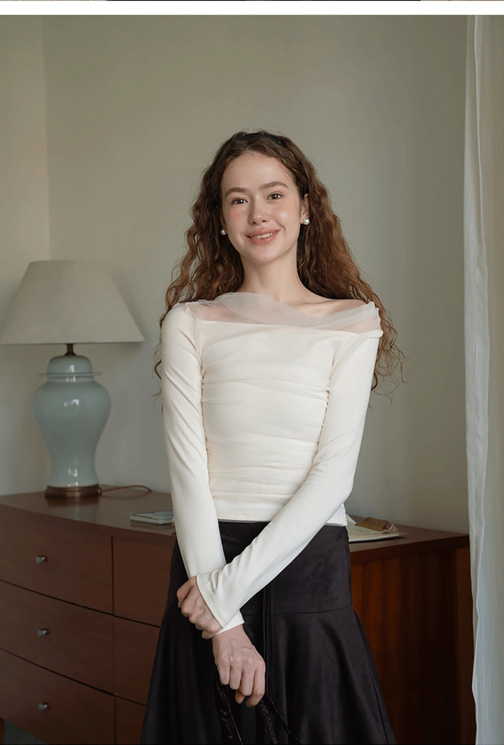 Women Mesh Patchwork Cowl Neck Top