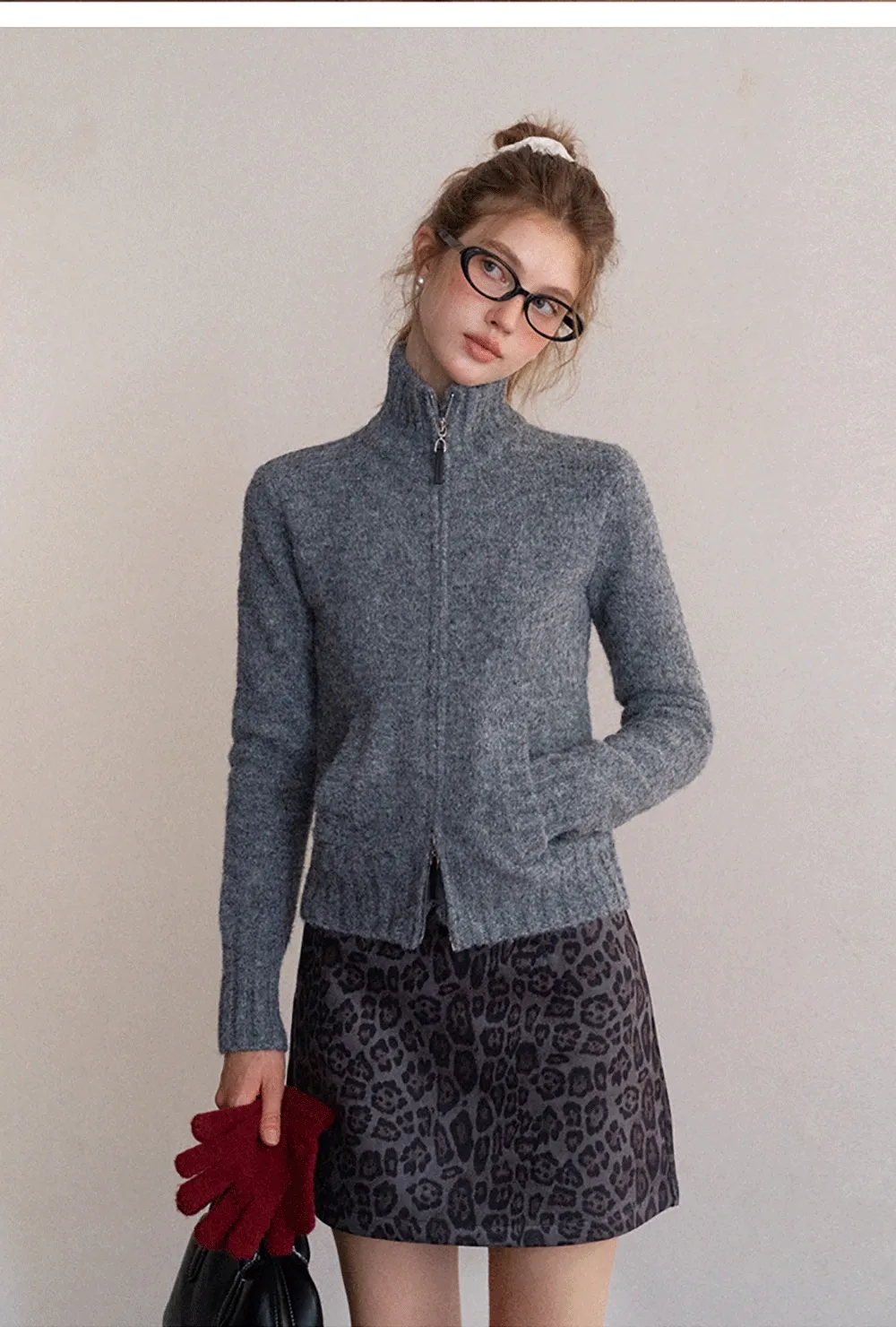 Women’s High Neck Zip Up Knit Cardigan