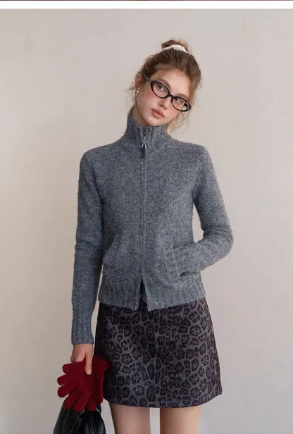 Women’s High Neck Zip Up Knit Cardigan