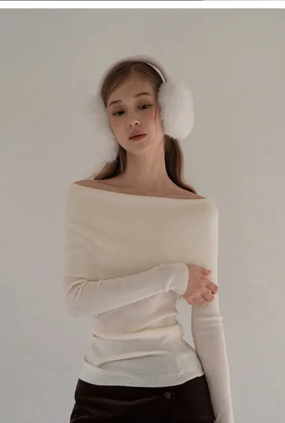 Women Off Shoulder Long Sleeve Knit Sweater Top Slim Fit