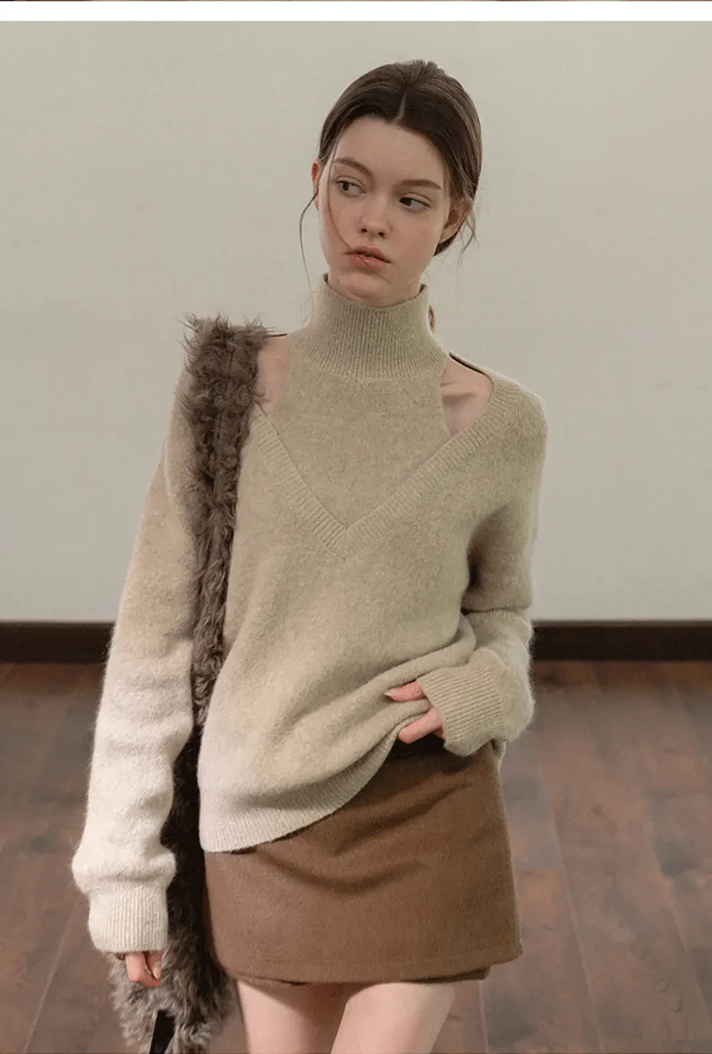 Cut-Out Layered Turtleneck Sweater