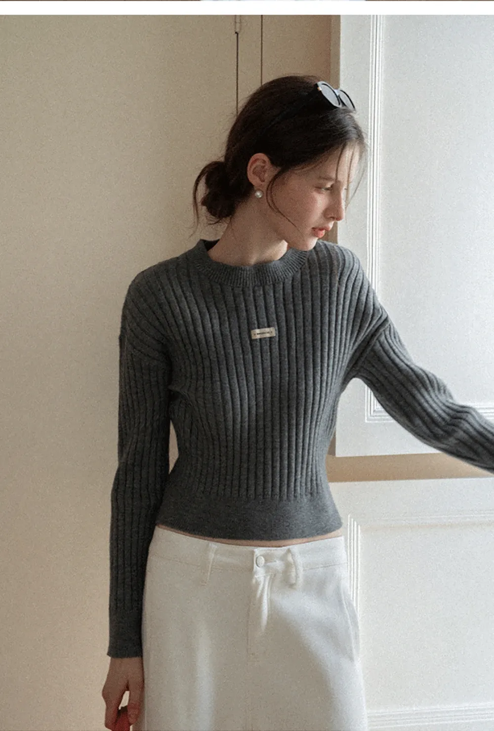 Ribbed Knit Cropped Sweater with Branding