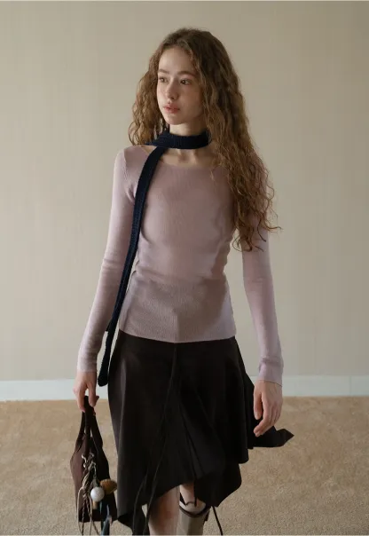 Womens Long Sleeve Knit Shirt with Tie Detail