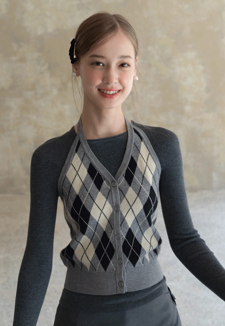 Womens Argyle Knit Button Down Cardigan Sweater