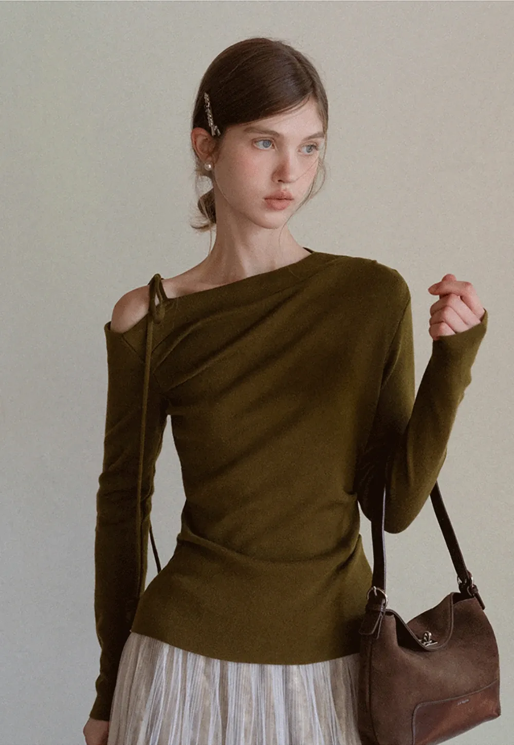 Womens Asymmetric Shoulder Long Sleeve Top