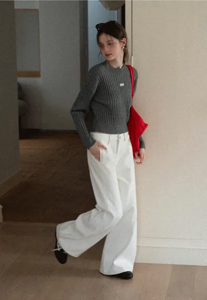 Ribbed Knit Cropped Sweater with Branding