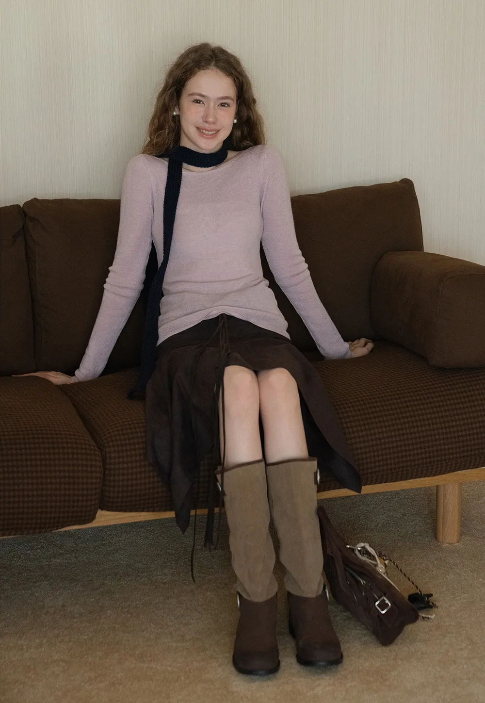 Womens Long Sleeve Knit Shirt with Tie Detail