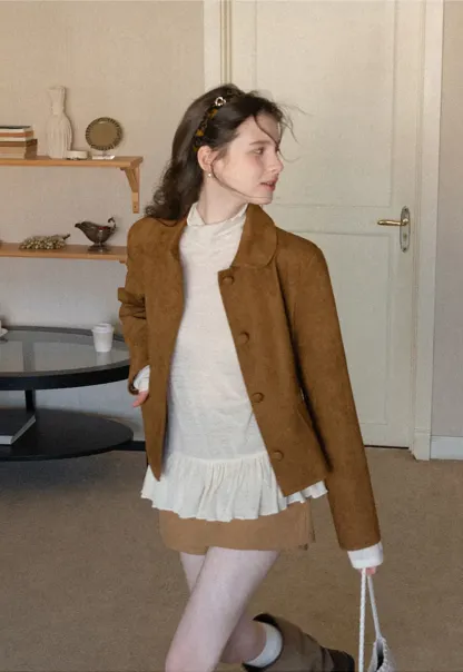 Soft Faux Suede Jacket with Button Closure and Collar Design