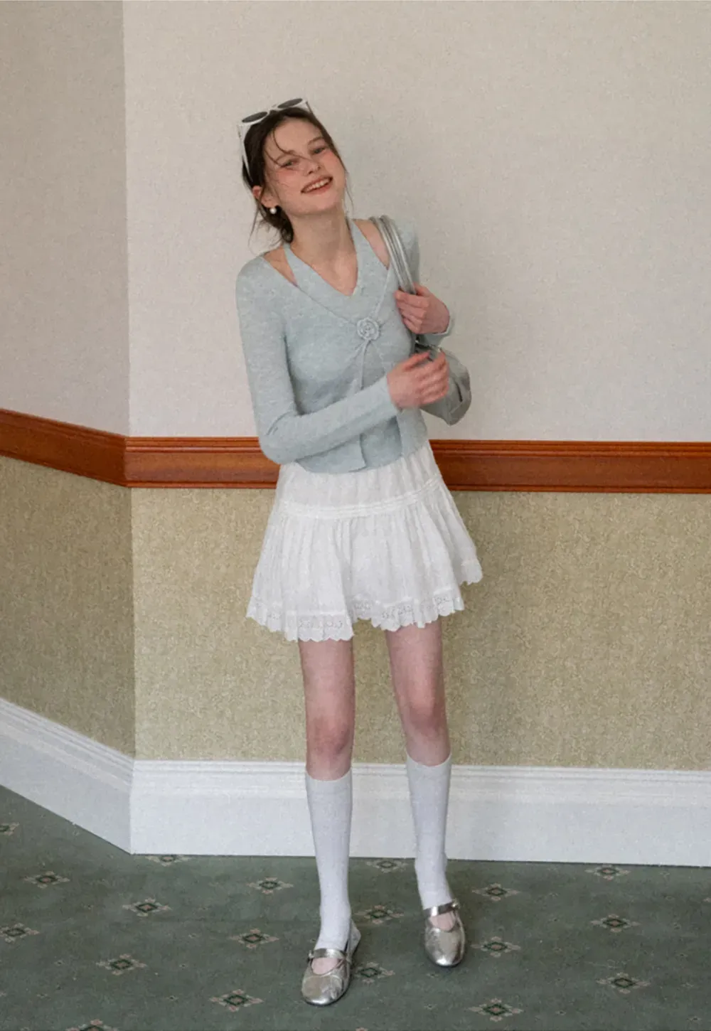 V Neck Knit Sweater with Floral Button Detail