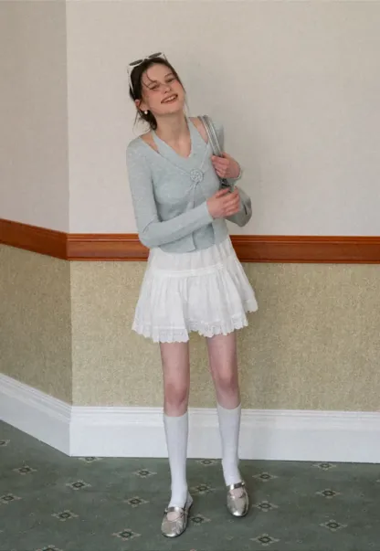 V Neck Knit Sweater with Floral Button Detail