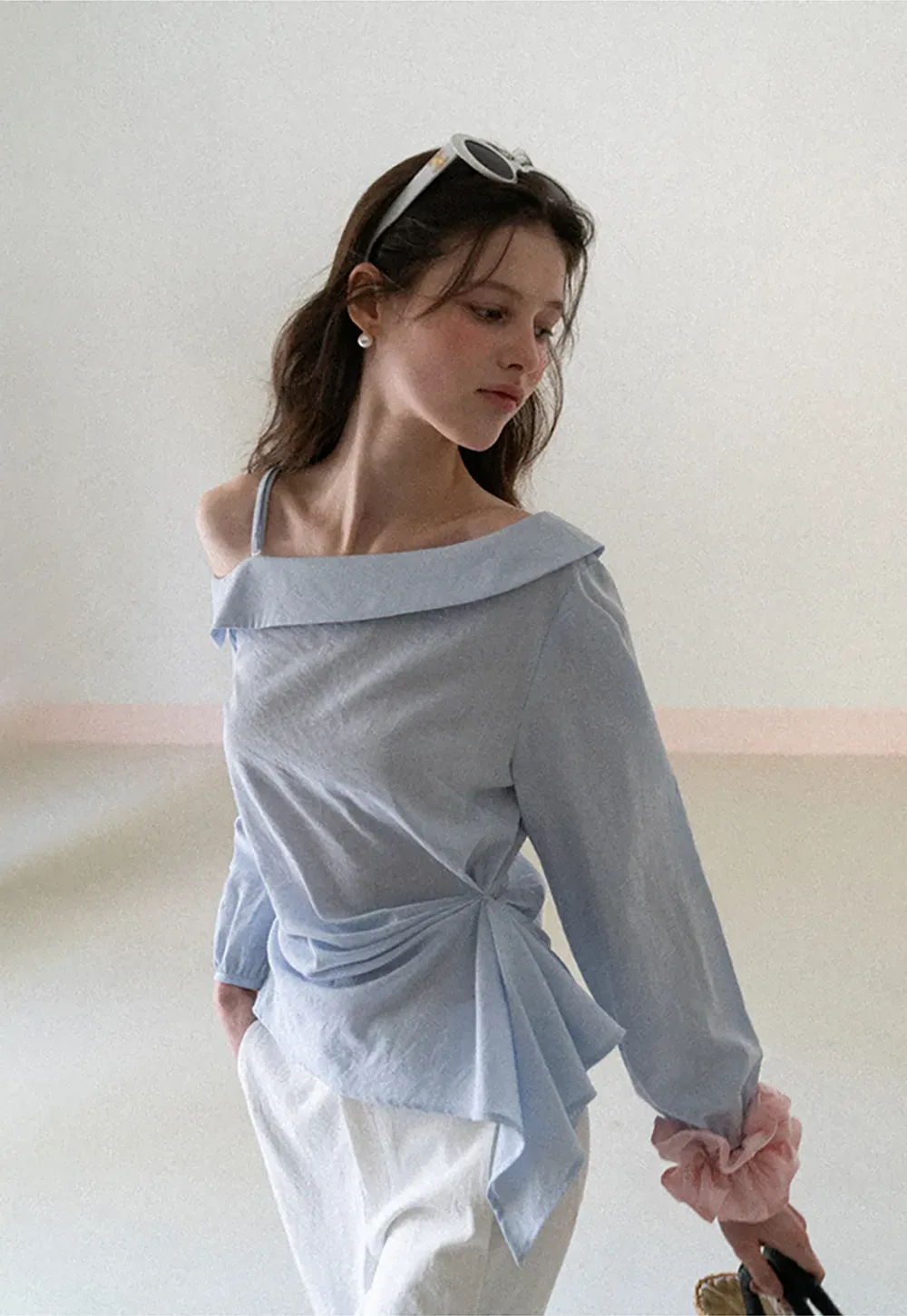 Off Shoulder Shirt with Ruched Sleeve Detail