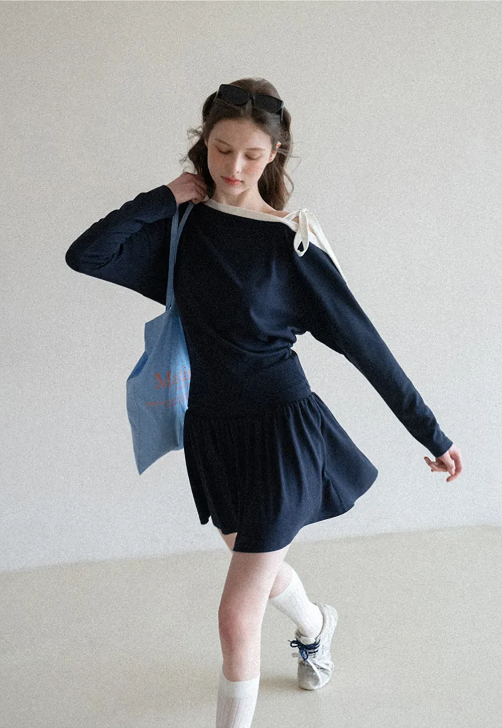 Long sleeve top with bow detail and mini skirt set