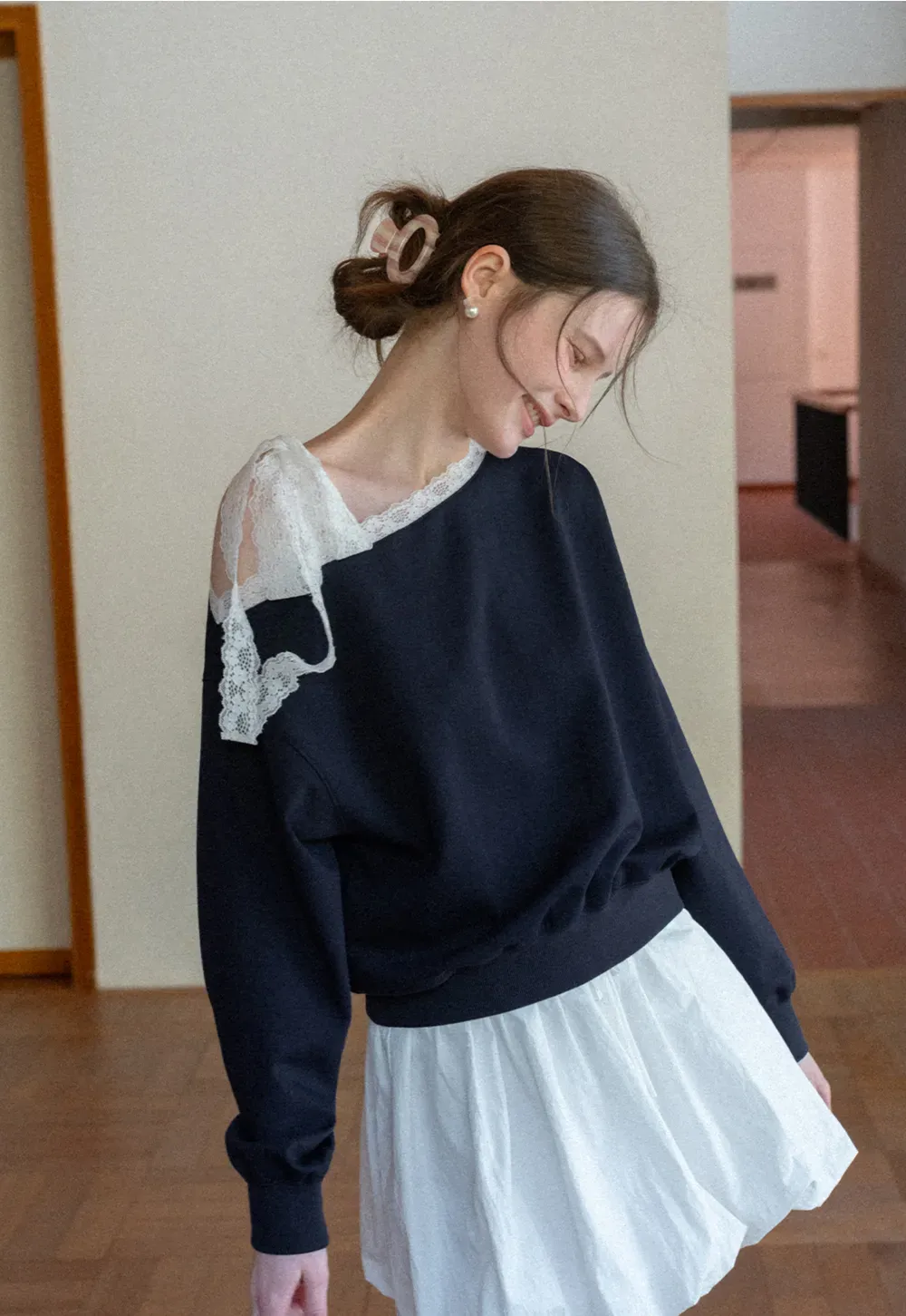 Off shoulder sweatshirt with lace trim detail