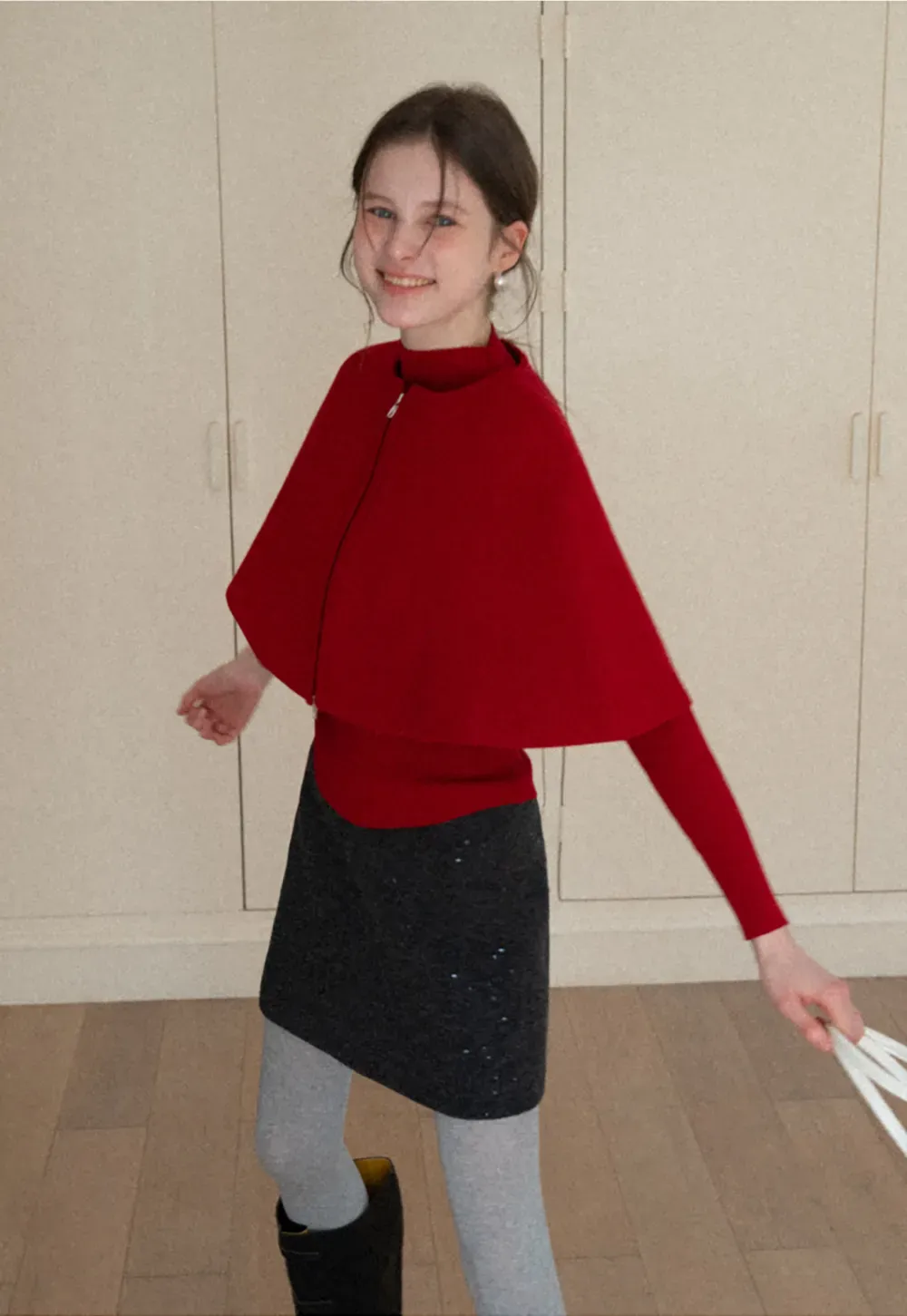 Zipper Front Knit Sweater with Wide Sleeves