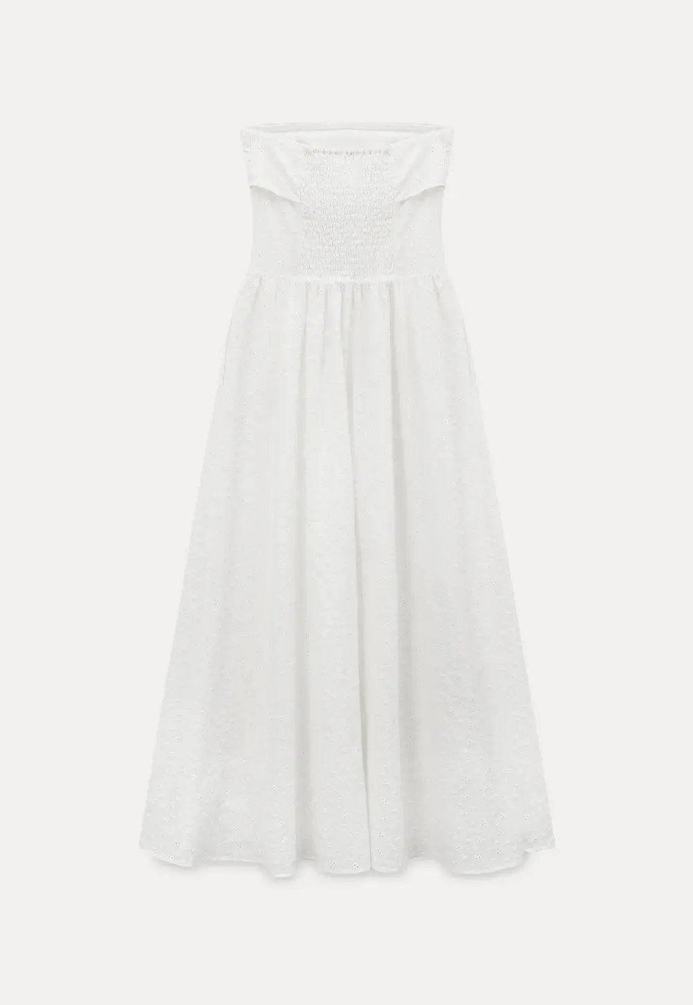 Strapless A-line Midi Dress with Ruched Bodice